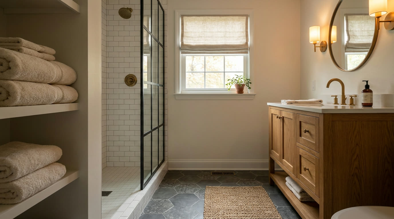 Renovated bathroom with a subway-tile shower, black-framed glass door, and wood vanity