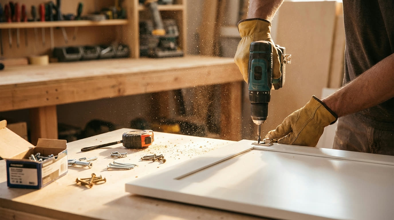 Carpenter driving a cabinet hinge with a drill, hardware and tape measure laid out on the bench