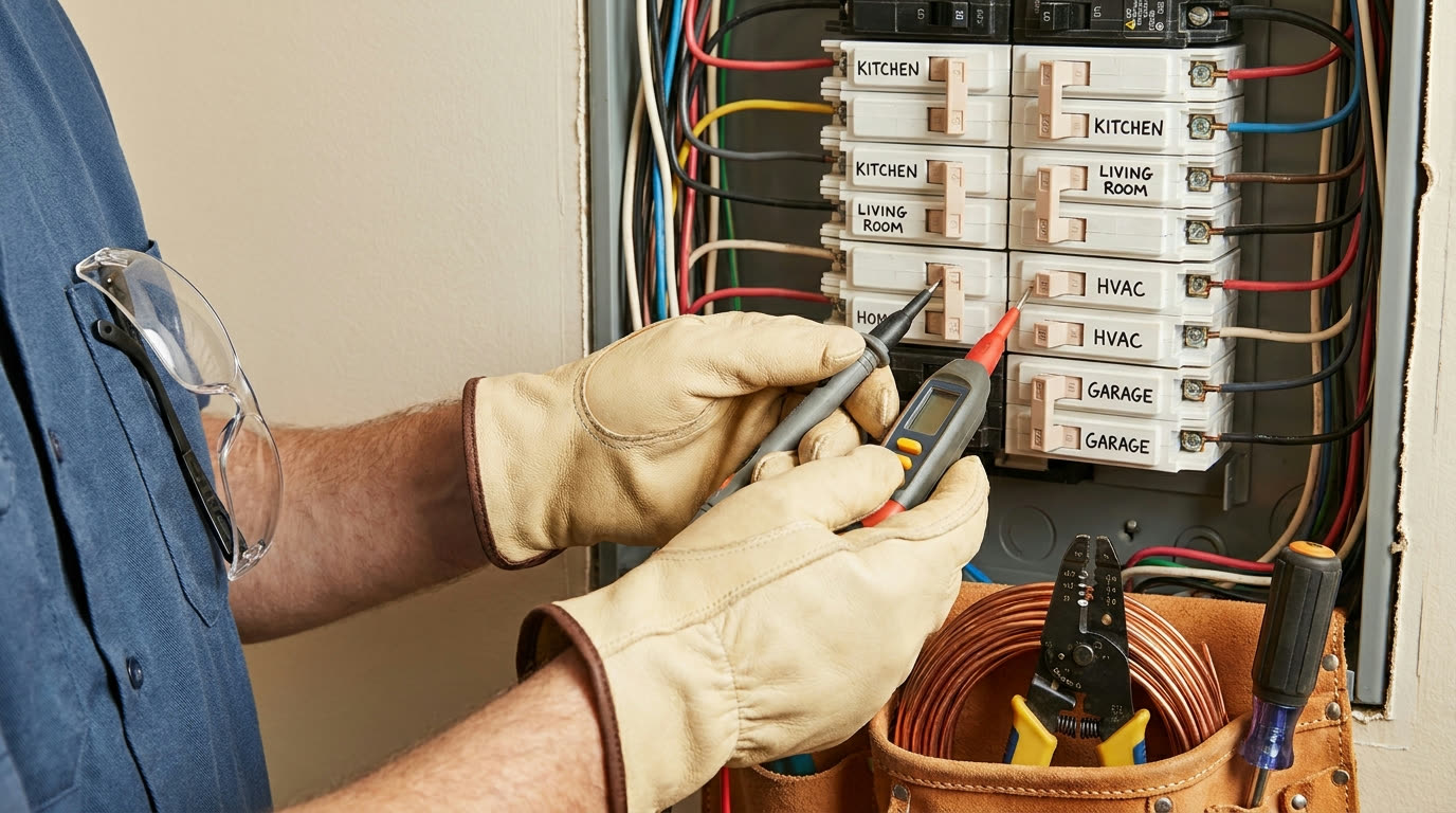 Electrician testing a neatly labeled breaker panel with voltage testers