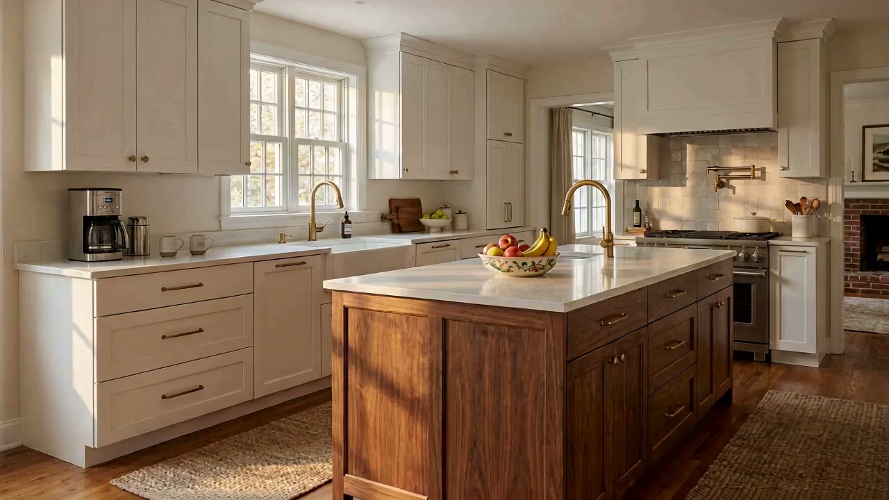 Late-afternoon sun in a renovated New Jersey family kitchen, walnut island in the foreground