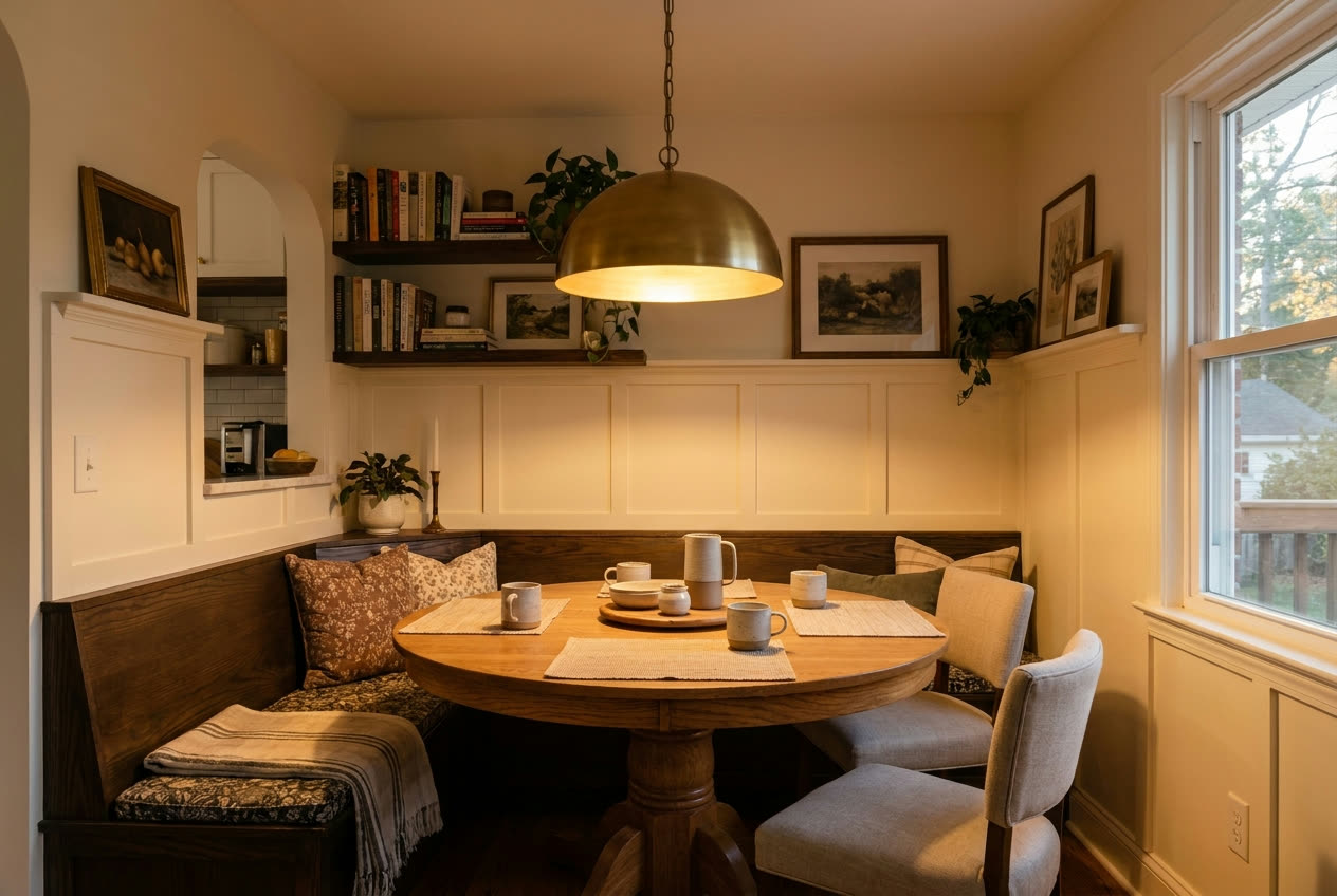 Project inspiration: dining nook with built-in bench seating, oak table, and a brass pendant