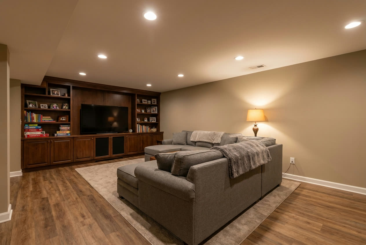 Project inspiration: finished basement family room with built-in media cabinet and warm lighting