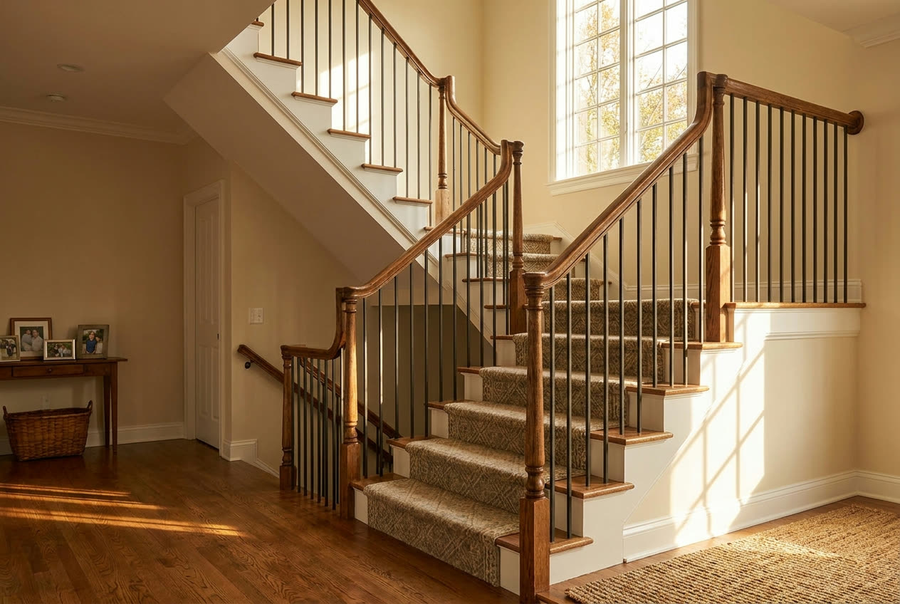 Project inspiration: refinished oak staircase with new balusters and fresh white trim